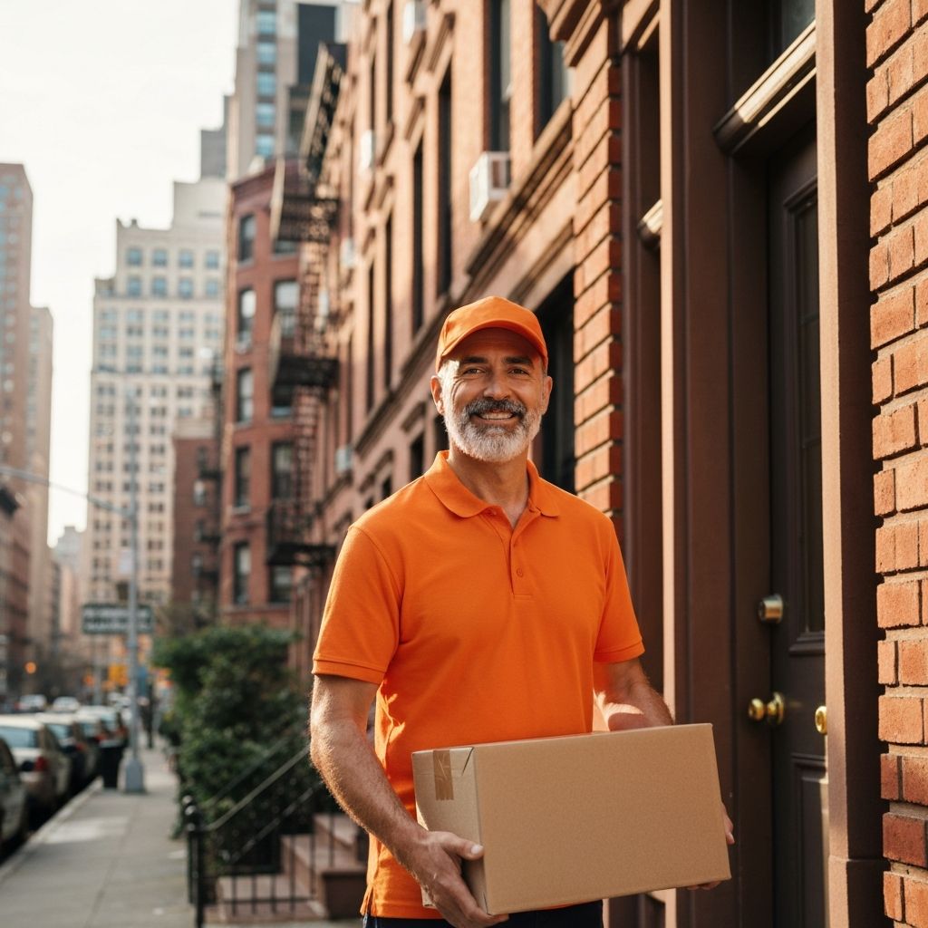 Friendly delivery courier picking up your return package at your door